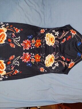 SHEIN Black Floral Midi Dress with Orange & Yellow Roses
